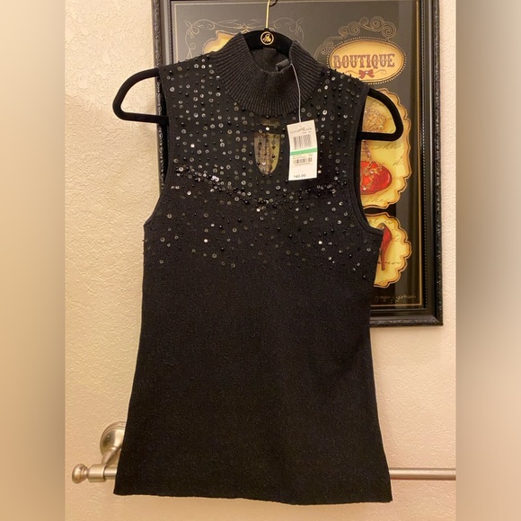 Cable & Gauge Tops - Cable & Gauge black dressy top with mesh and sequin neckline. Keyhole back. NWT